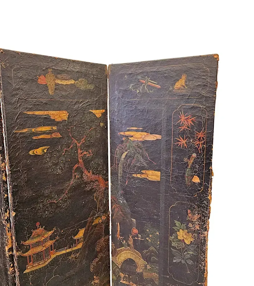 A Very Fine And Unusual 19th Century Country House Four Fold Oriental Screen With Hide Painted Panels photo furniture