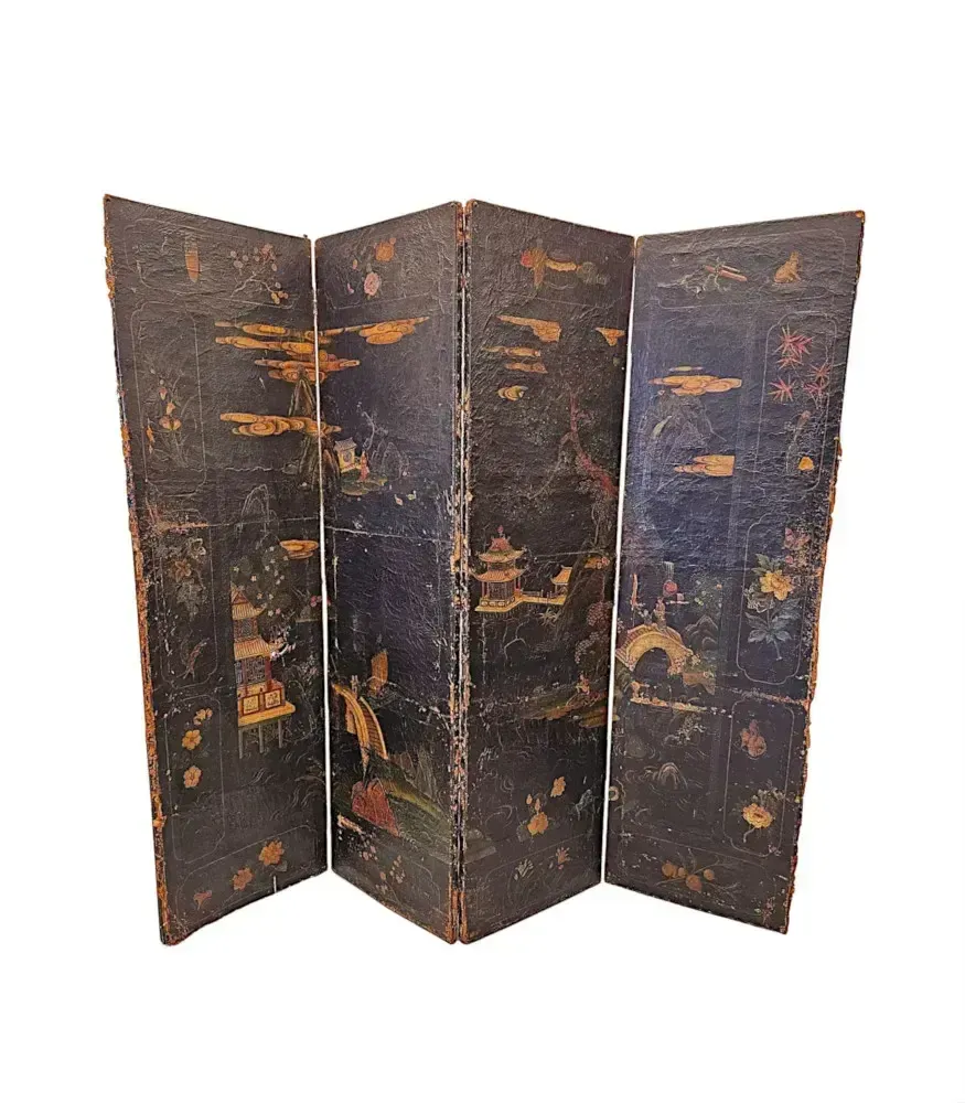 A Very Fine And Unusual 19th Century Country House Four Fold Oriental Screen With Hide Painted Panels photo Home Decor