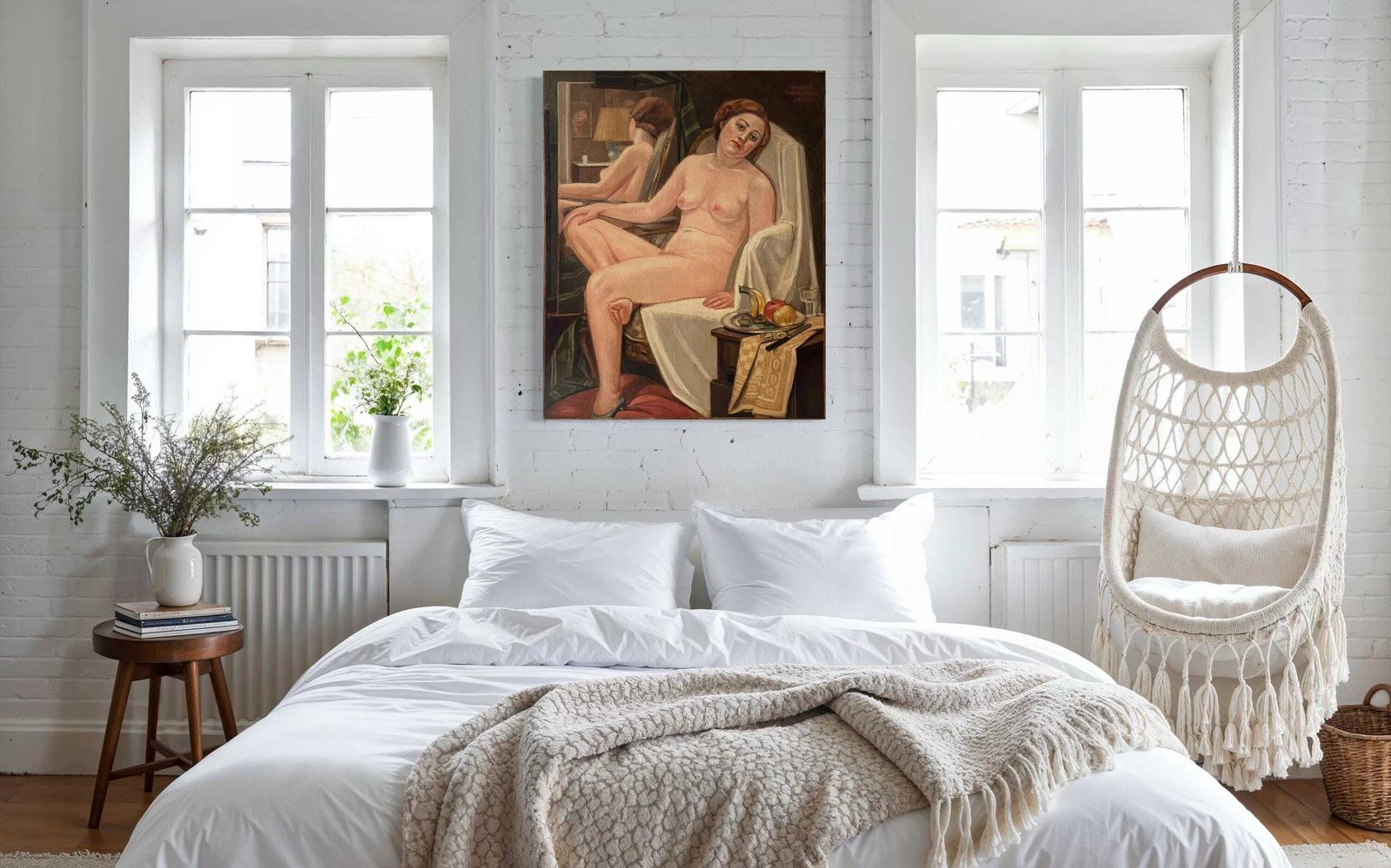 French Antique Woman Portrait Oil On Canvas, Art Deco Large Nude Painting, Interior Scene By Ulysse Moussalli. photo furniture