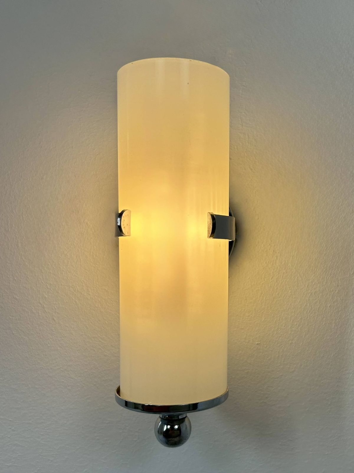 Pair Of Vintage Wall Lights, Chrome And Opaline Glass, France, 1970 photo vinterior