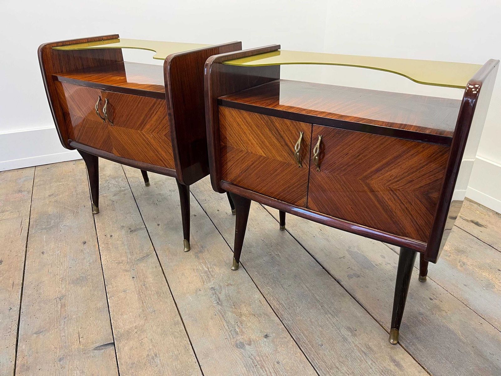 Pair Of Vintage Italian Art Deco Nightstands / 1950s Bedside Tables With Brass photo furniture