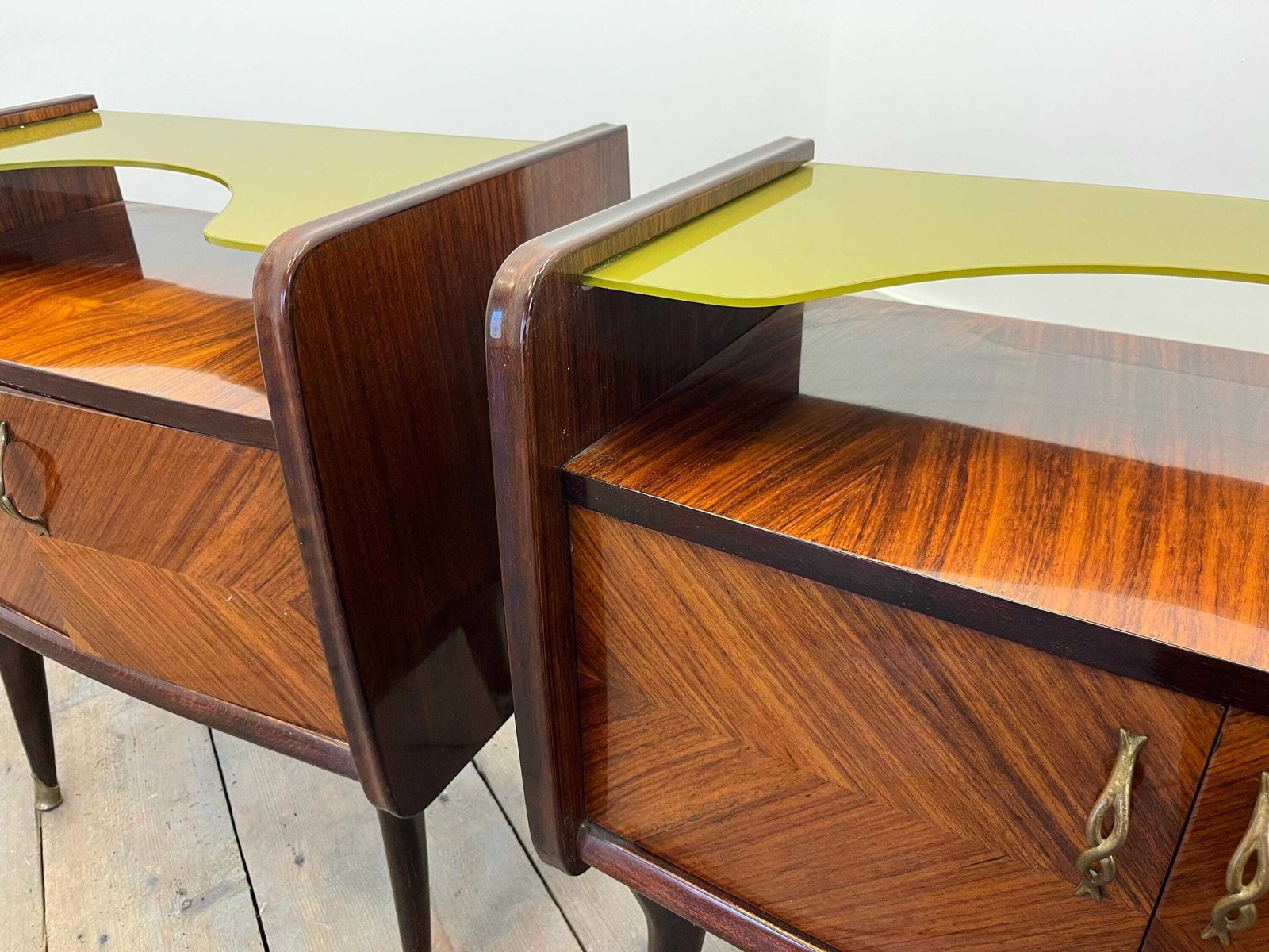 Pair Of Vintage Italian Art Deco Nightstands / 1950s Bedside Tables With Brass photo for sale