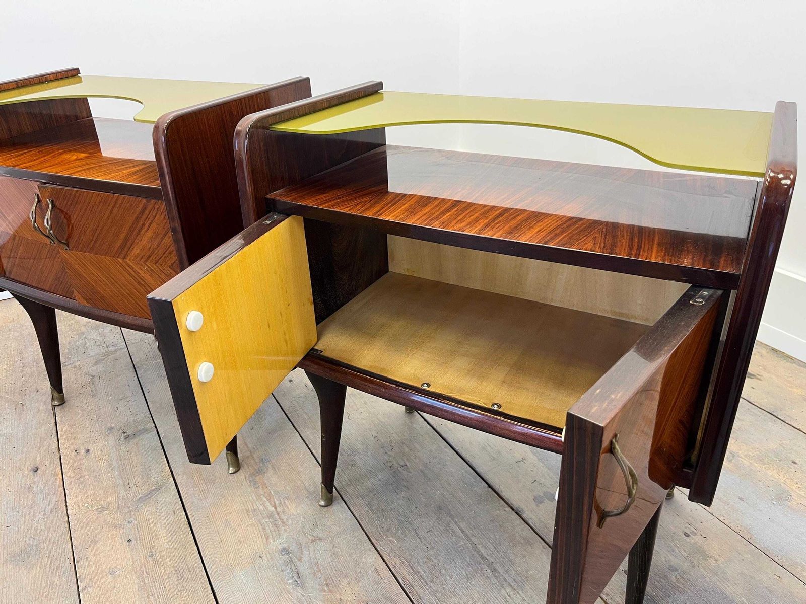 Pair Of Vintage Italian Art Deco Nightstands / 1950s Bedside Tables With Brass photo buy