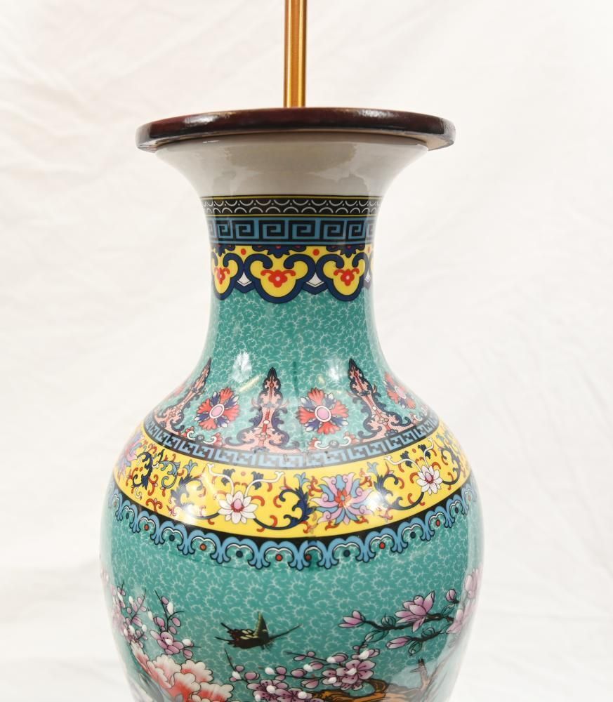 Pair Chinese Porcelain Table Lamps Famille Vert Shades photo Lighting