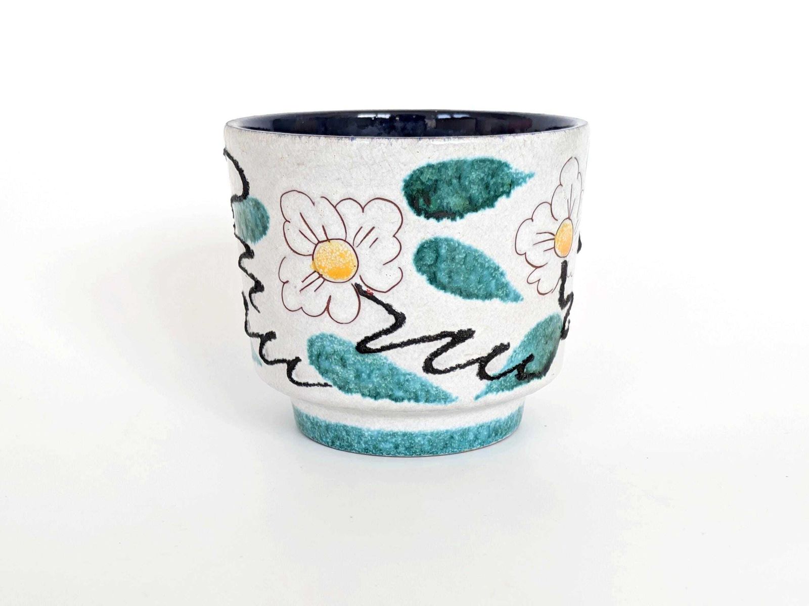 Midcentury West German Ceramic Planter, Floral Sgraffito Design Fat Lava Details, 1960s photo for sale
