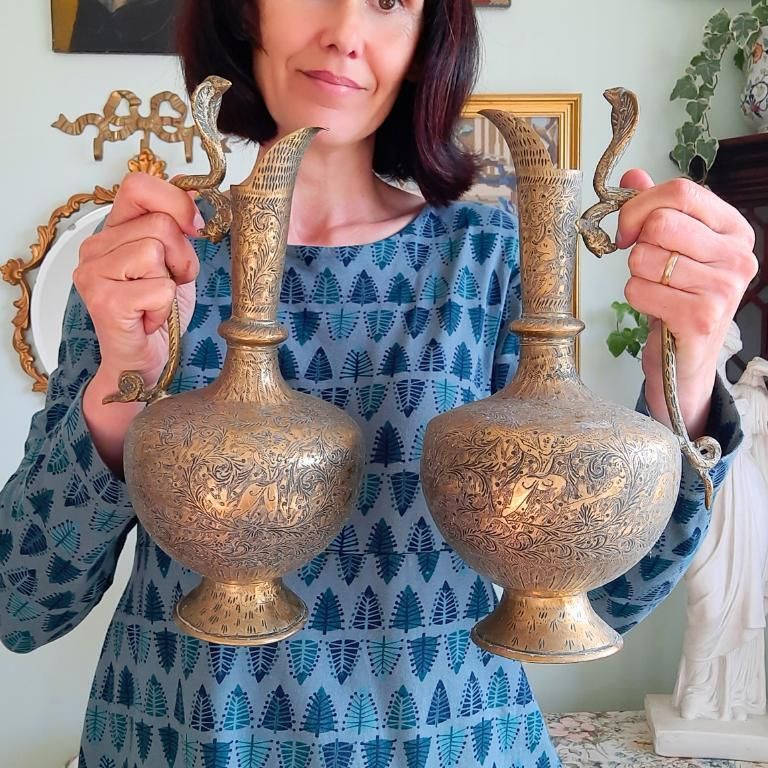 Large Pair Of Antique Indian Brass Vases With Cobra Handles And Hand Engraved Decoration