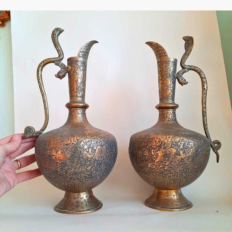 Large Pair Of Antique Indian Brass Vases With Cobra Handles And Hand Engraved Decoration photo for sale