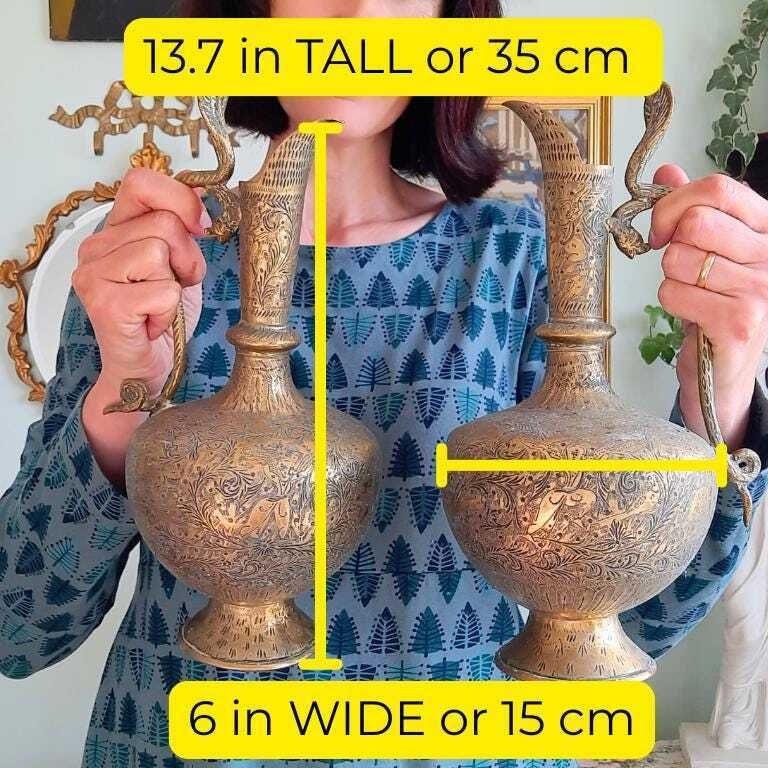 Large Pair Of Antique Indian Brass Vases With Cobra Handles And Hand Engraved Decoration photo vinterior