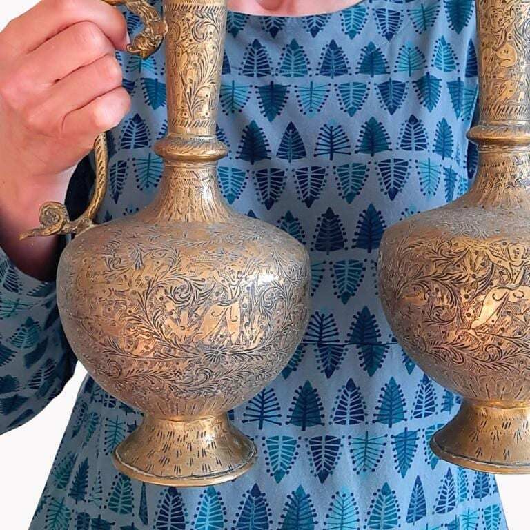 Large Pair Of Antique Indian Brass Vases With Cobra Handles And Hand Engraved Decoration photo buy