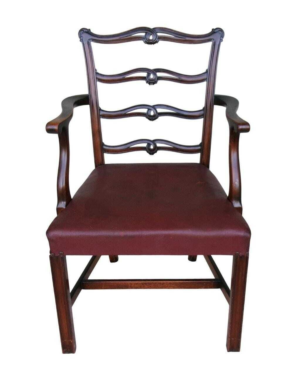 5 Late Georgian Mahogany Dining Chairs, Chippendale Style Ribbon Ladderback, Leather Seat, Inc Carver photo furniture