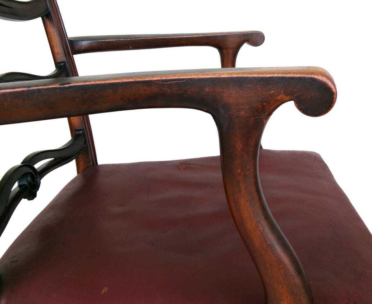 photo furniture 5 Late Georgian Mahogany Dining Chairs, Chippendale Style Ribbon Ladderback, Leather Seat, Inc Carver