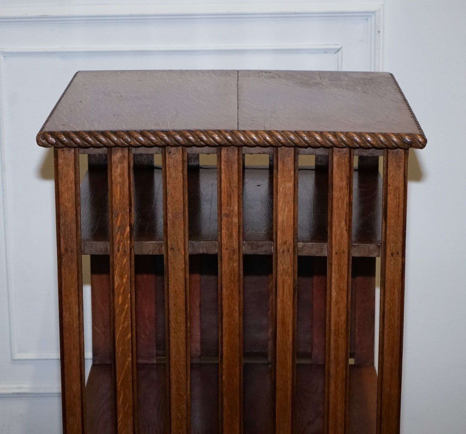 Furniture Antique Substantial Oak Revolving Bookcase With Folding Reading Stand photo