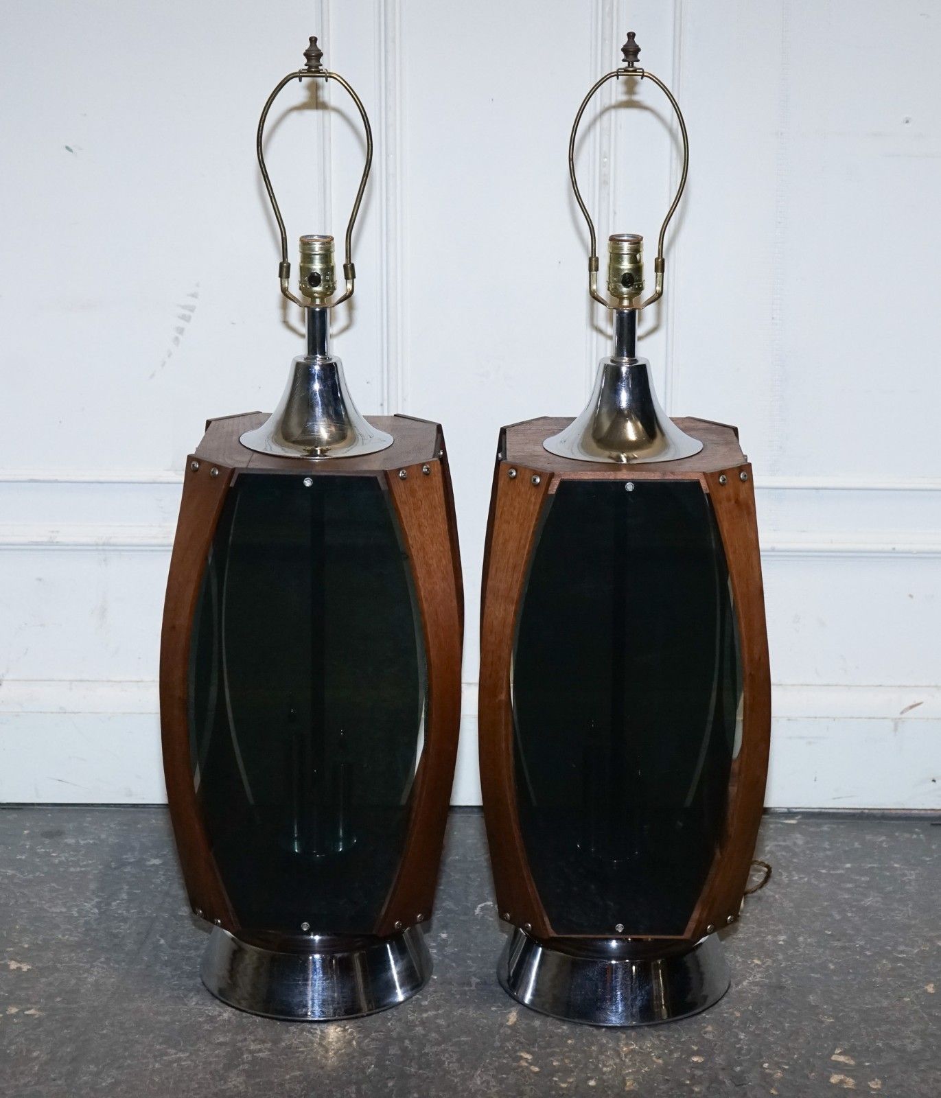 Pair Of Large Modern Danish Acrylic & Teak Mid Century Lamps photo for sale