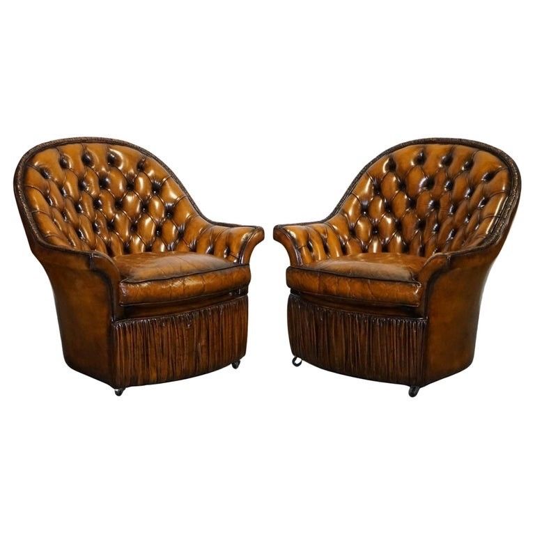 Rare Pair Of Brown Hand Dyed Leather Chesterfield Armchairs With Pleated Front