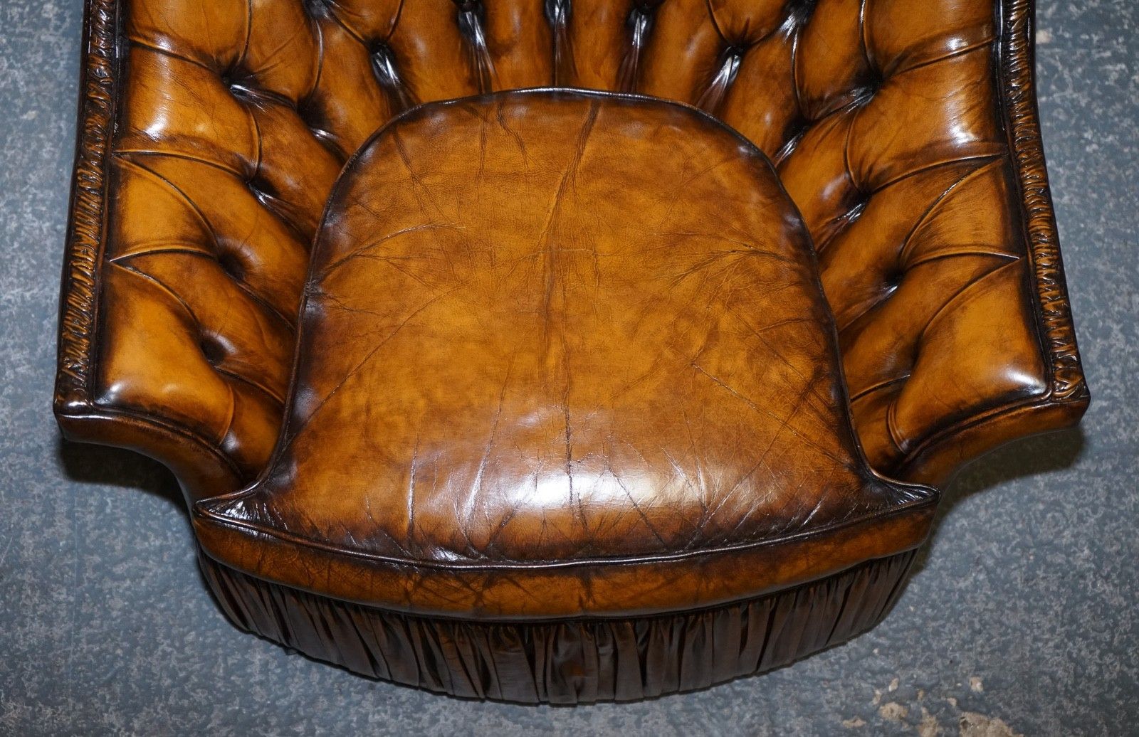 5250.0 Rare Pair Of Brown Hand Dyed Leather Chesterfield Armchairs With Pleated Front photo