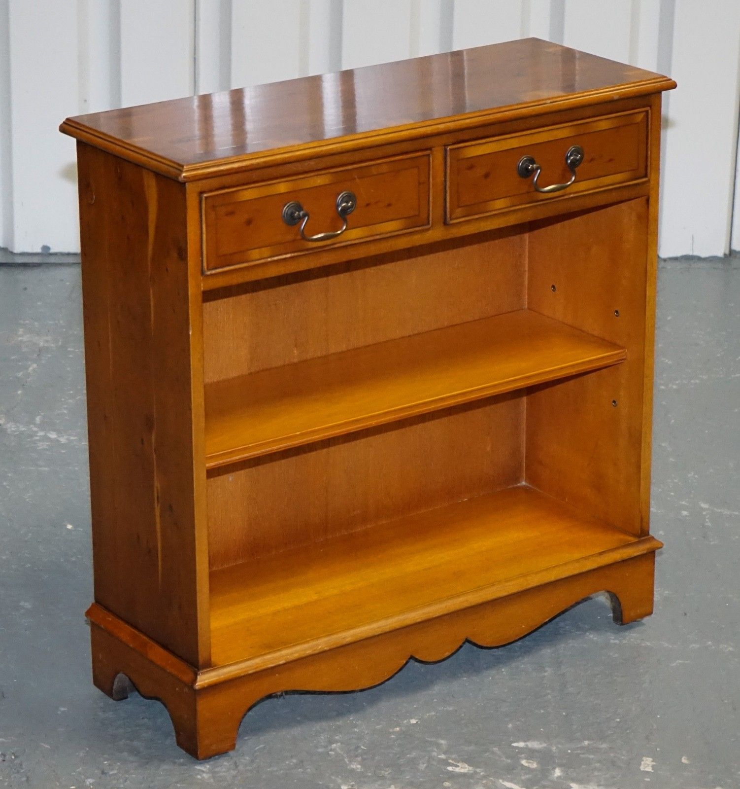 Vintage Burr Yew Wood Open Dwarf Library Bookcase With Two Drawers & Shelf photo furniture