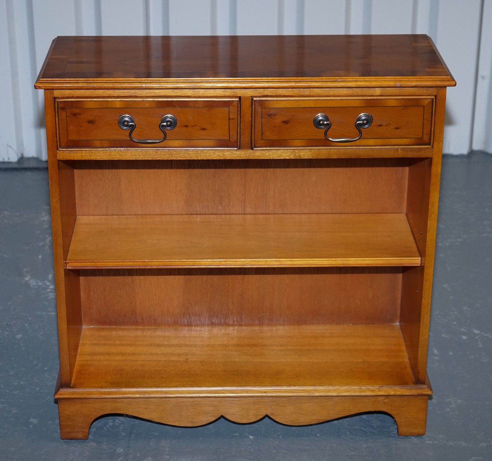 Vintage Burr Yew Wood Open Dwarf Library Bookcase With Two Drawers & Shelf photo for sale