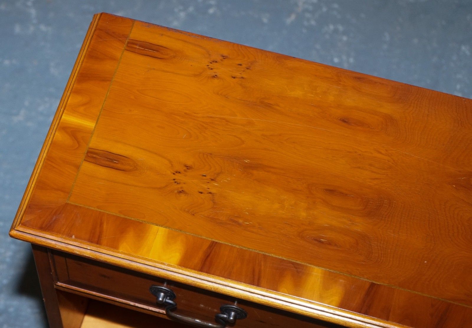 950.0 Vintage Burr Yew Wood Open Dwarf Library Bookcase With Two Drawers & Shelf photo