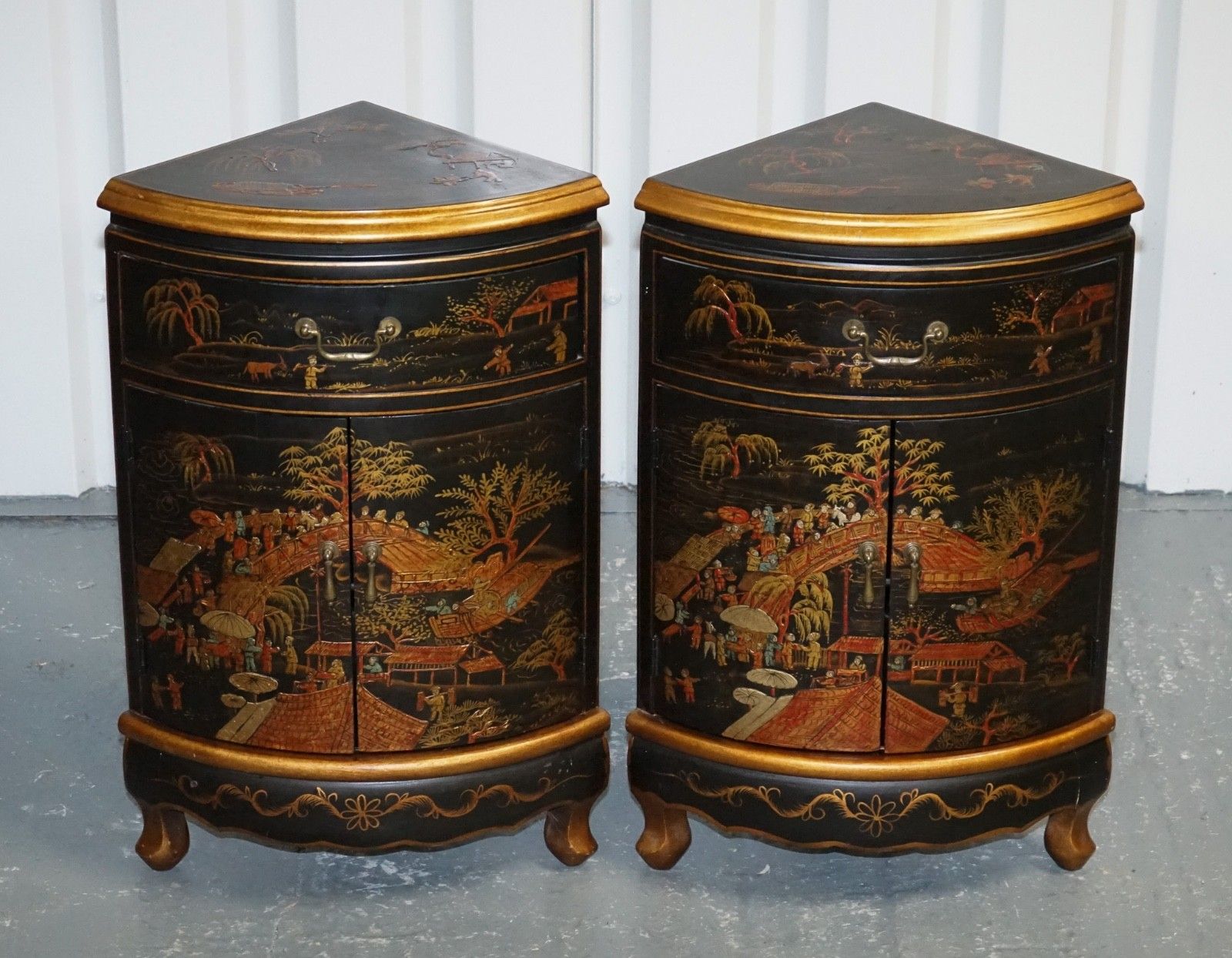 Matching Pair Of Chinese Chinoiserie Decorative Corner Cabinets With Cupboard photo furniture