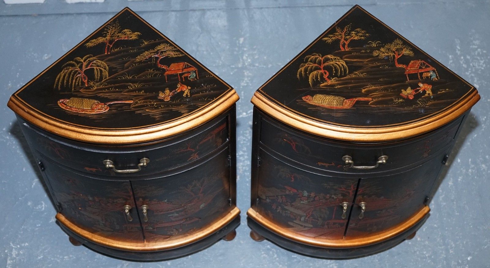 photo buy Matching Pair Of Chinese Chinoiserie Decorative Corner Cabinets With Cupboard