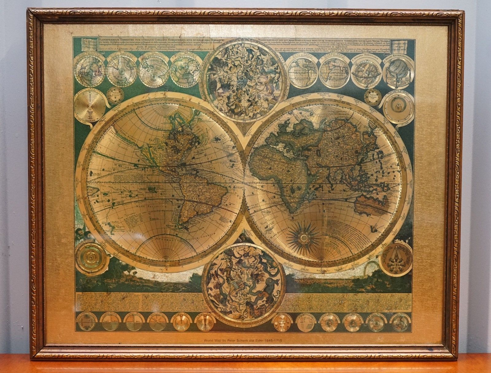 Vintage Framed Print Planisphaerium Terrestre Gold Foil Map World Peter Schenk photo 350.0