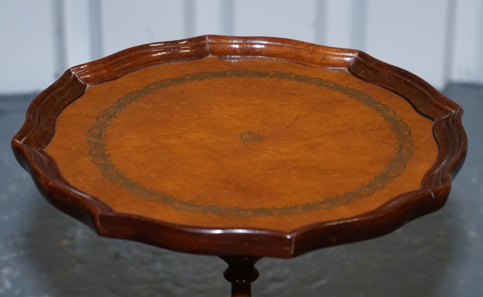 Vintage Georgian Style Tripod Table With Scalloped Edge & Brown Leather Top photo buy