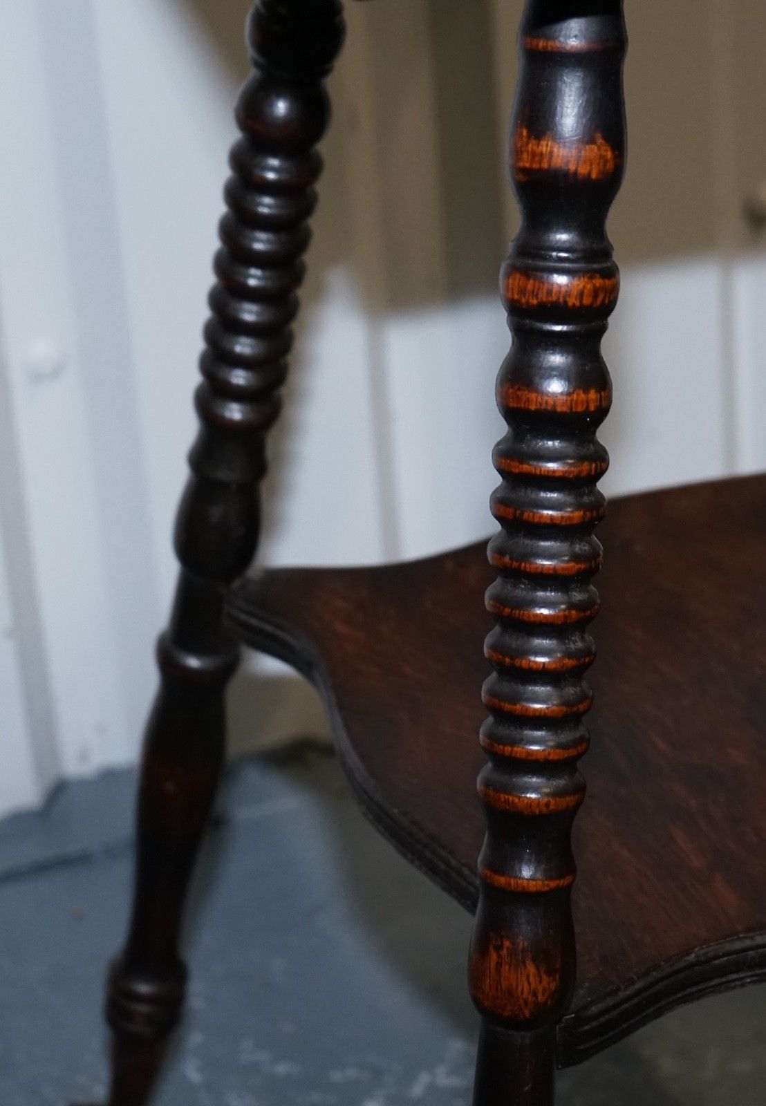 985.0 Antique Victorian Tiger Oak Side Table Turned Bobbin Legs With Cast Iron Feet photo