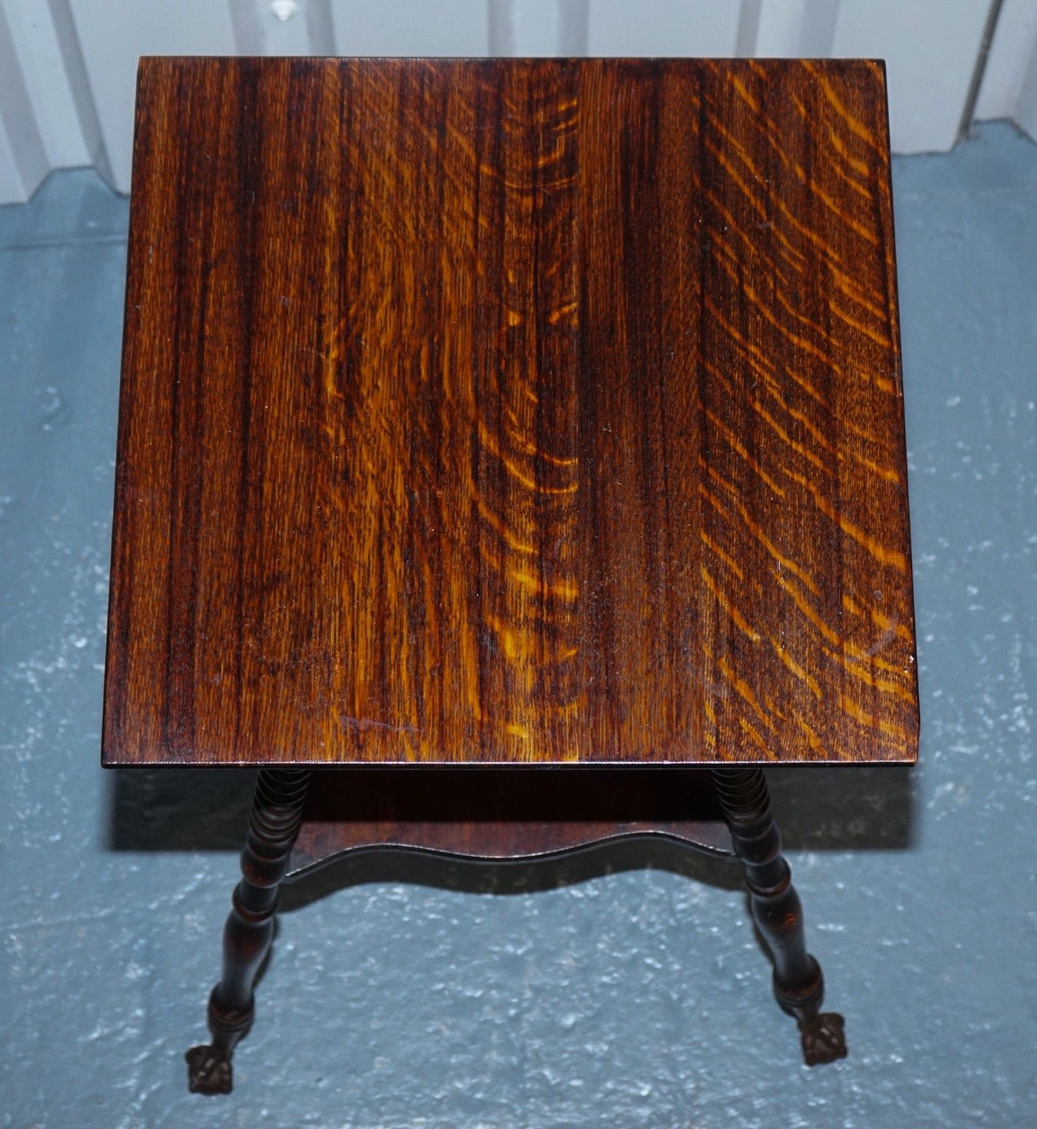 photo vinterior Antique Victorian Tiger Oak Side Table Turned Bobbin Legs With Cast Iron Feet