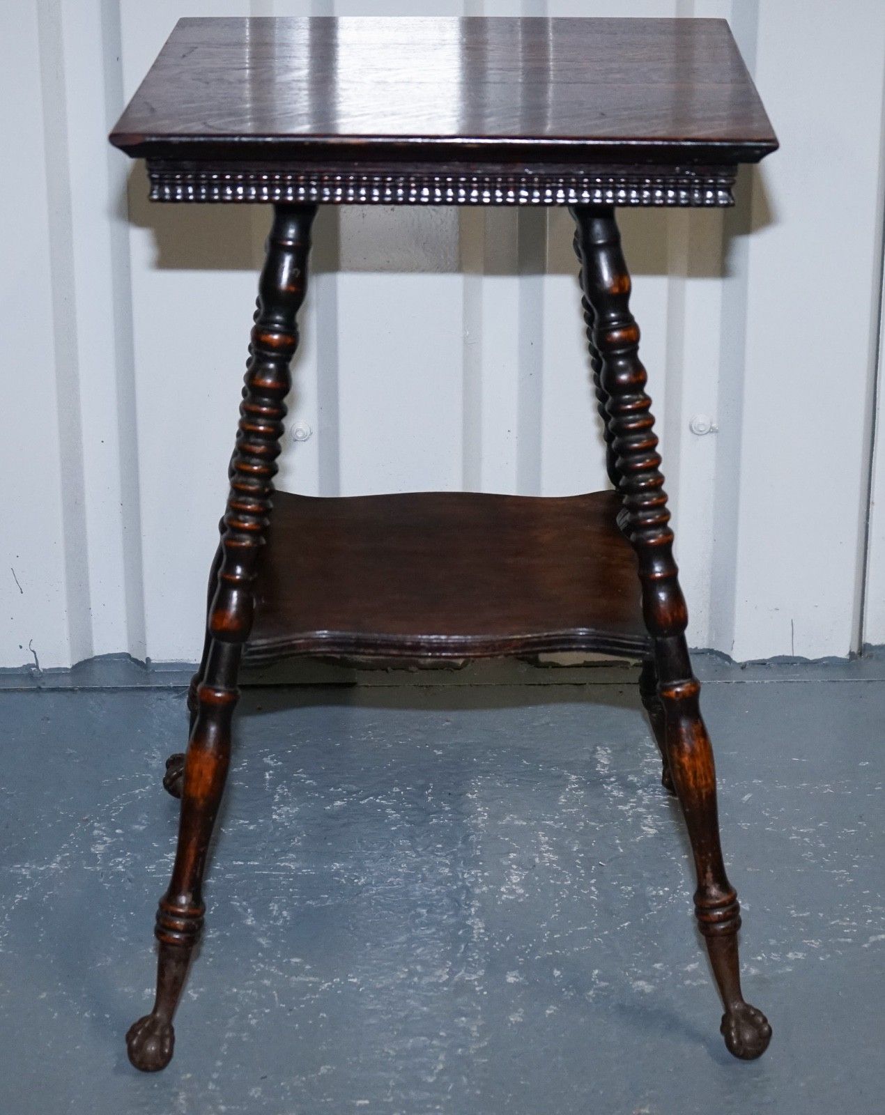 photo vintage Antique Victorian Tiger Oak Side Table Turned Bobbin Legs With Cast Iron Feet