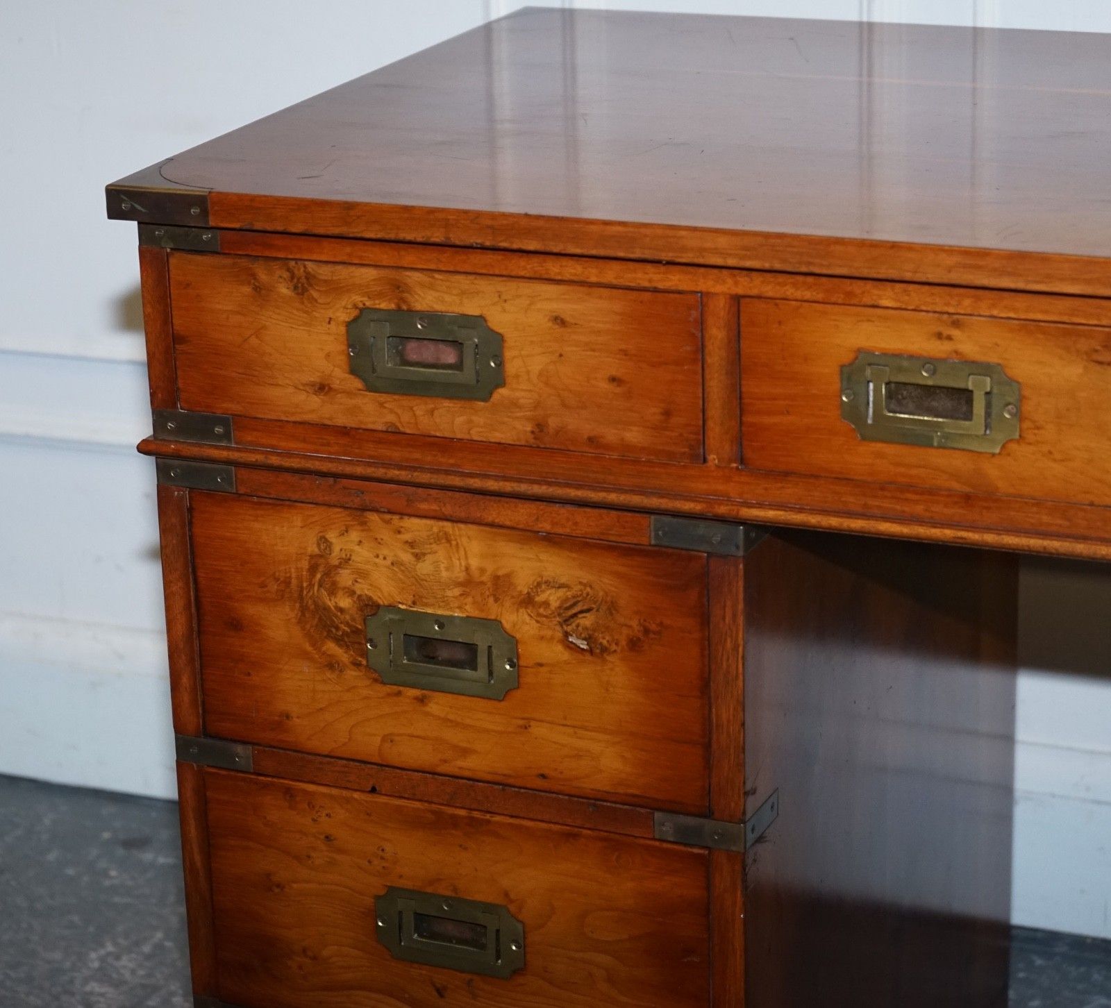 Vintage Military Campaign Yew Wood Twin Pedestal Desk photo vinterior