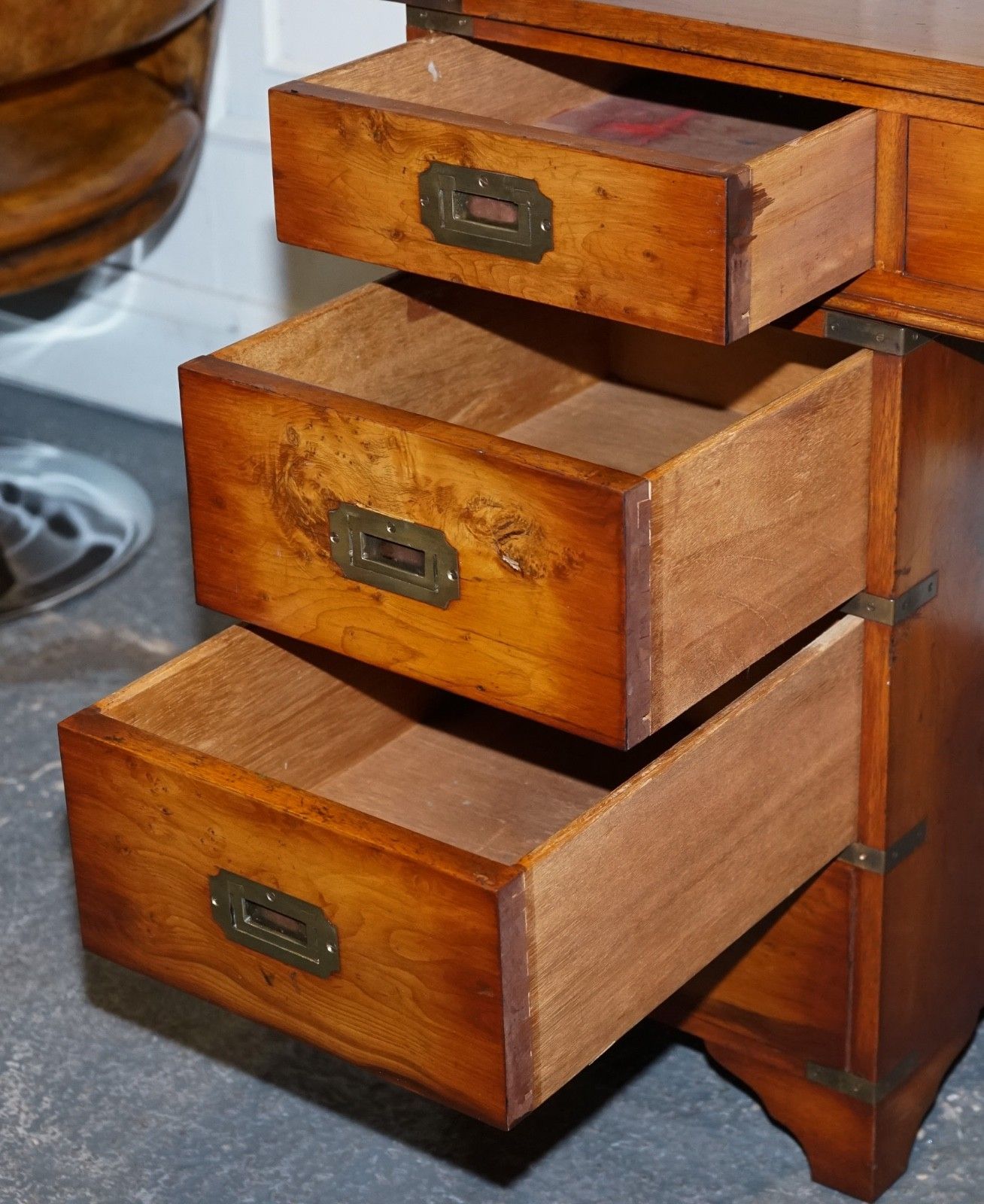 photo for sale Vintage Military Campaign Yew Wood Twin Pedestal Desk