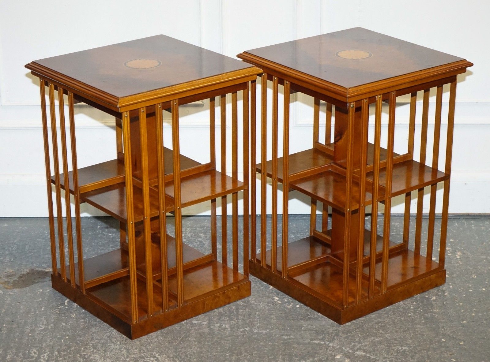 Restored Pair Of Antique Style Sheraton Revival Burr Walnut Bookcases Side Table photo furniture