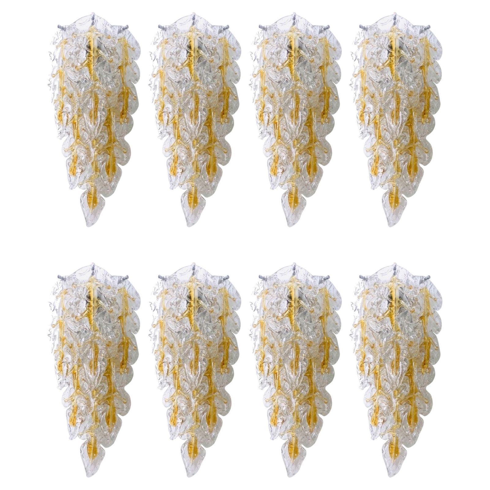Italian Midcentury Set Of Eight Leaf Murano Wall Sconces By Mazzega, 1970s