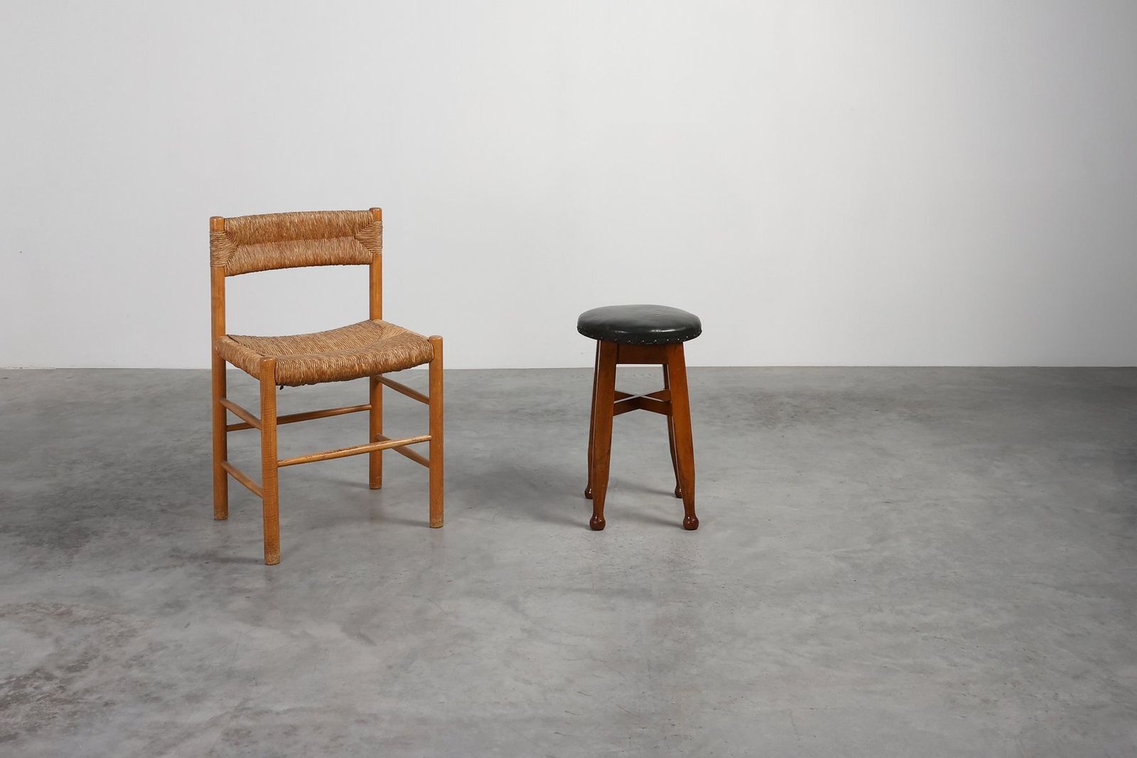 Early Art Deco Arts & Crafts Oak & Leather Stool, France, 1920s photo furniture
