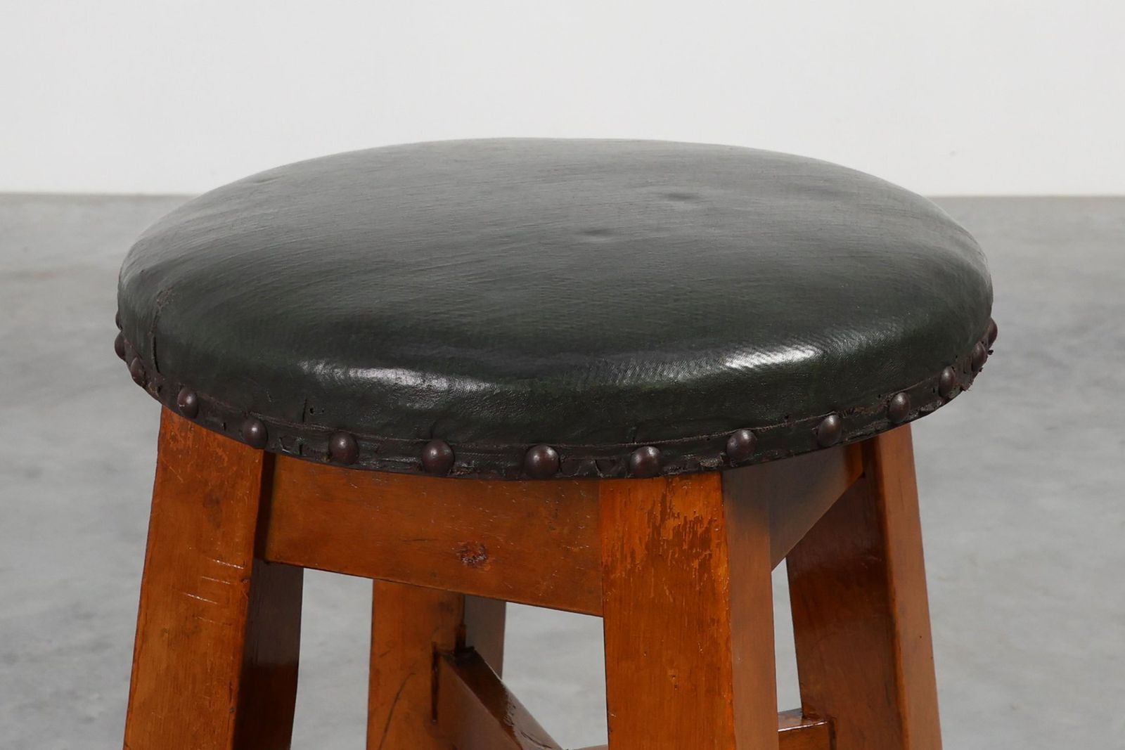 Early Art Deco Arts & Crafts Oak & Leather Stool, France, 1920s photo Furniture