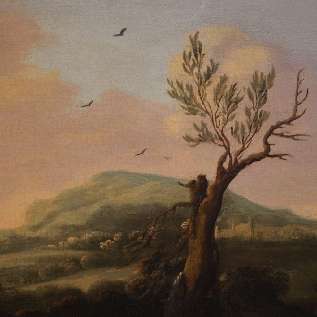 photo vintage Antique Flemish Bucolic Landscape Painting From The 18th Century