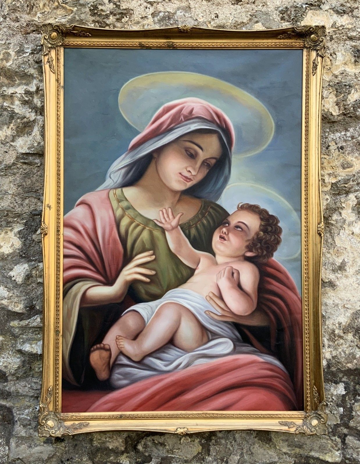 Large Portrait Painting Madonna & Christ Child Gilt Frame Vintage 20th Century
