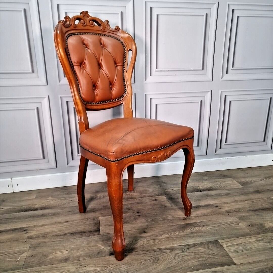 Antique Button Back Chair Wood Carved Leather Tan French Louis Bedroom