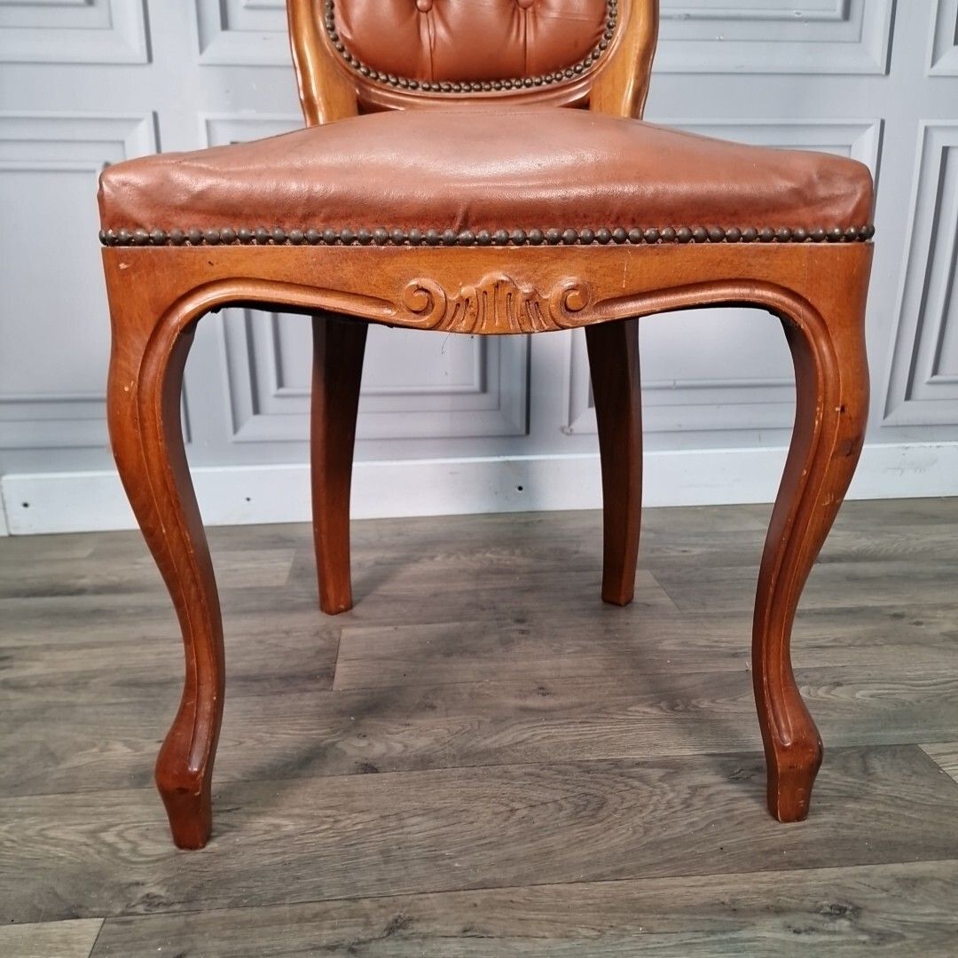 Antique Button Back Chair Wood Carved Leather Tan French Louis Bedroom photo Furniture