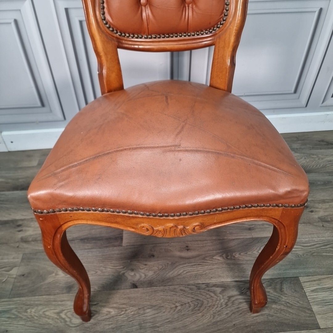 Antique Button Back Chair Wood Carved Leather Tan French Louis Bedroom photo 90.0