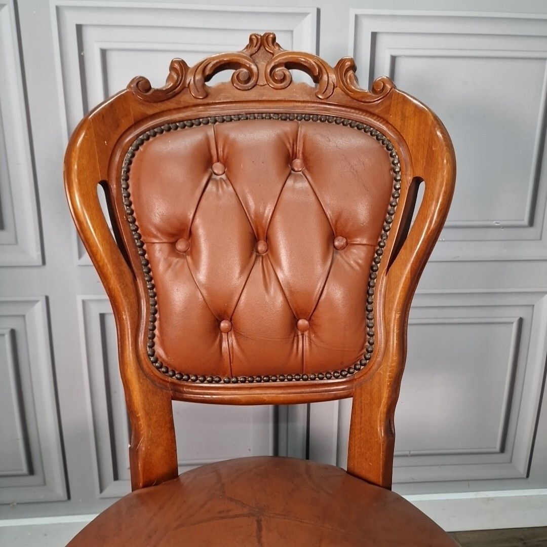 Antique Button Back Chair Wood Carved Leather Tan French Louis Bedroom photo vinterior