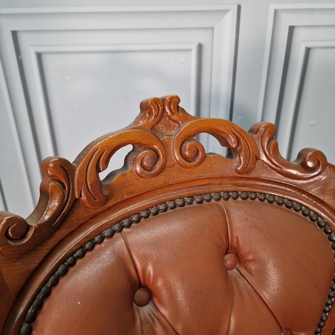 90.0 Antique Button Back Chair Wood Carved Leather Tan French Louis Bedroom photo