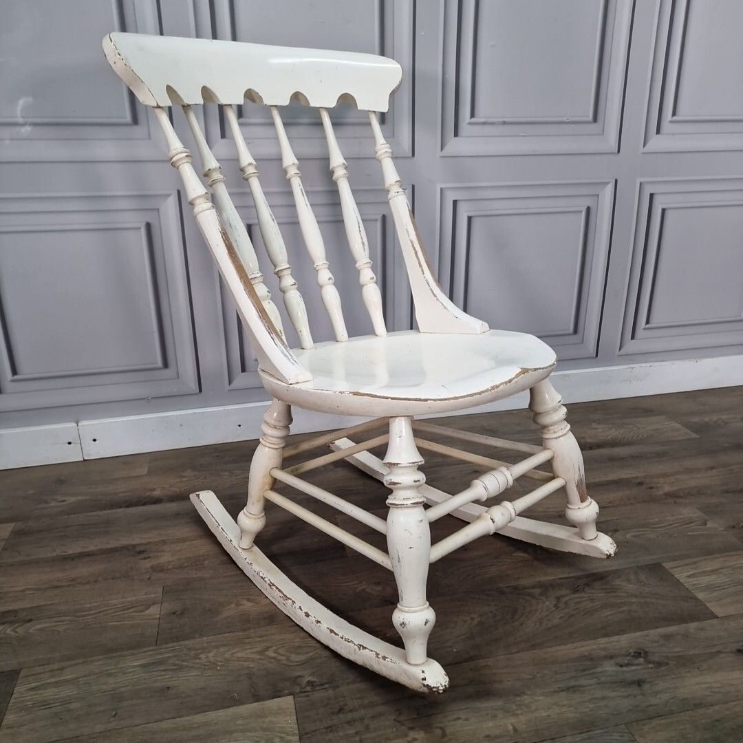 Antique Rocking Chair Vintage Solid Wooden Turned Penny Base Seat Painted