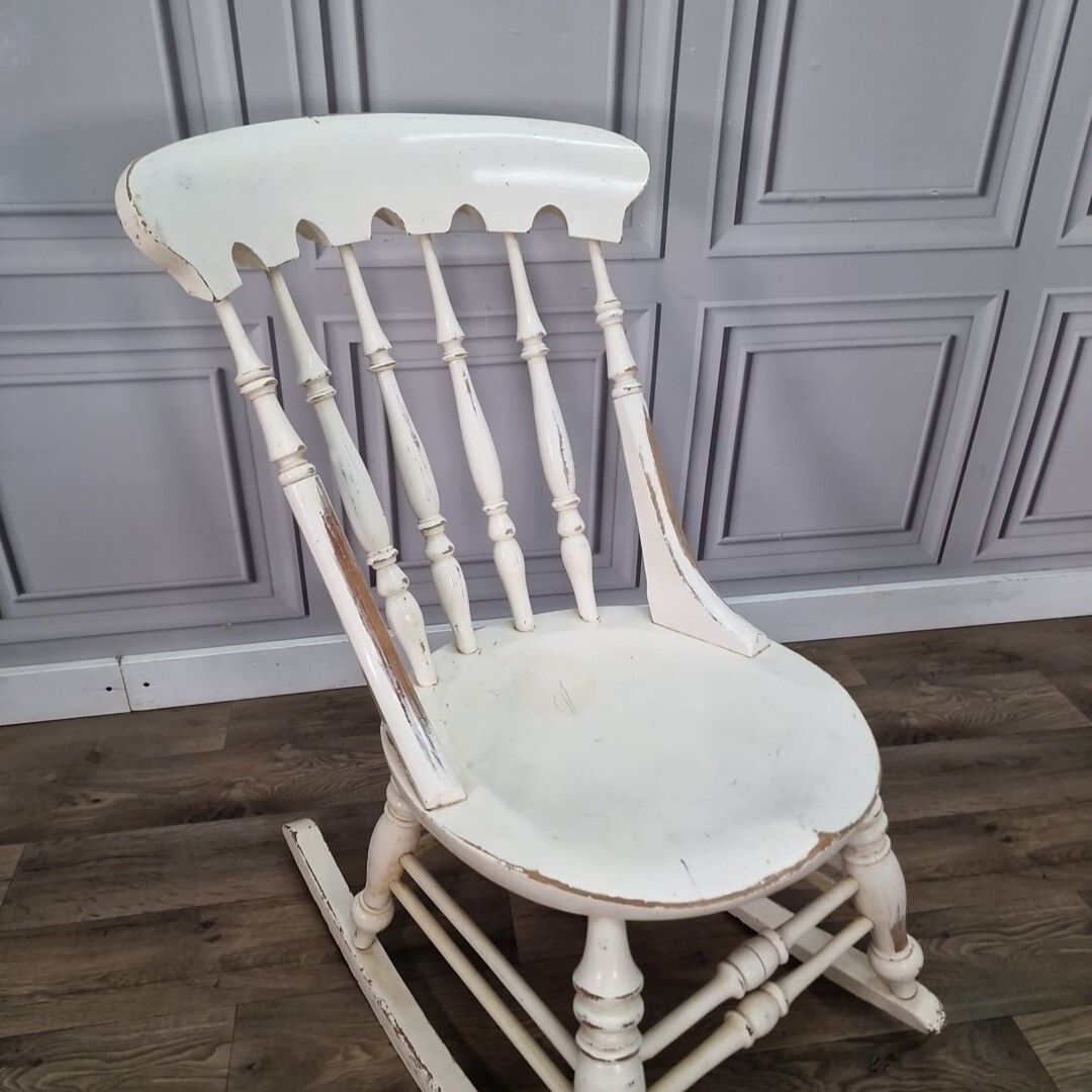 Antique Rocking Chair Vintage Solid Wooden Turned Penny Base Seat Painted photo furniture