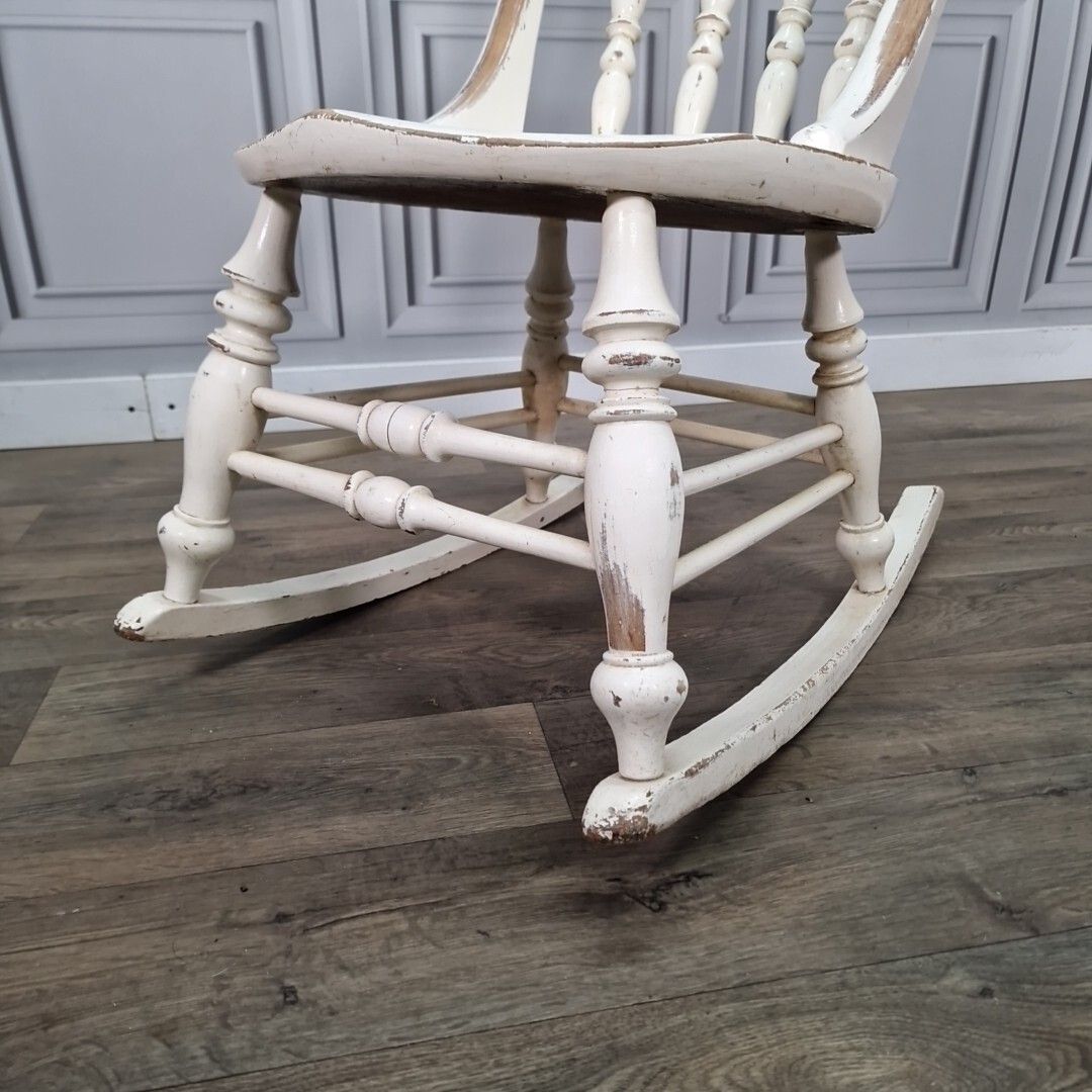 photo for sale Antique Rocking Chair Vintage Solid Wooden Turned Penny Base Seat Painted