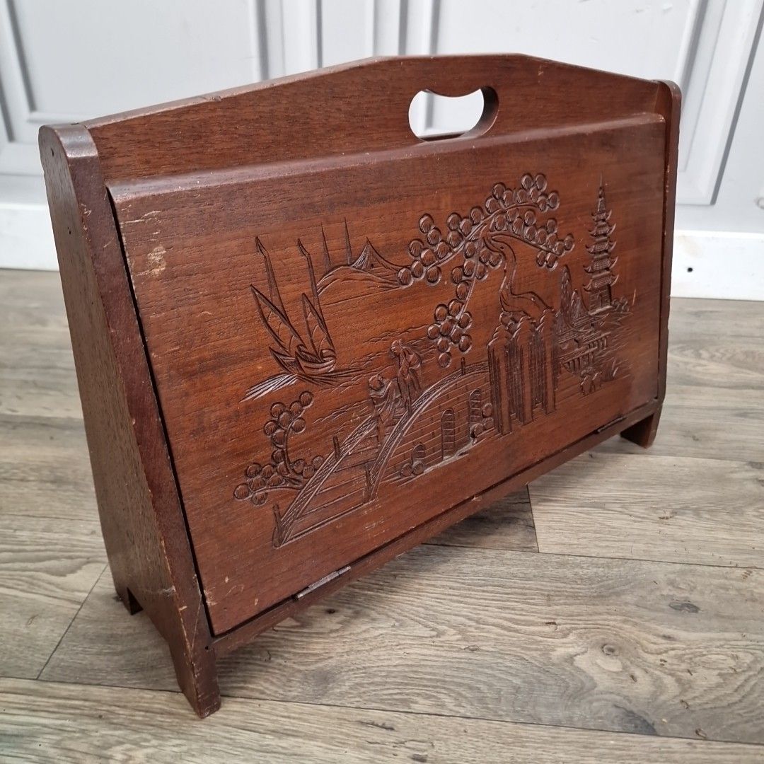 Vintage Magazine Letter Rack Oriental Carved Pagoda Scene Storage Teak Retro