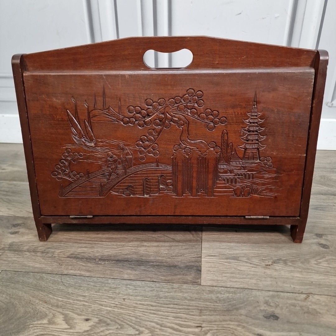 Vintage Magazine Letter Rack Oriental Carved Pagoda Scene Storage Teak Retro photo 60.0