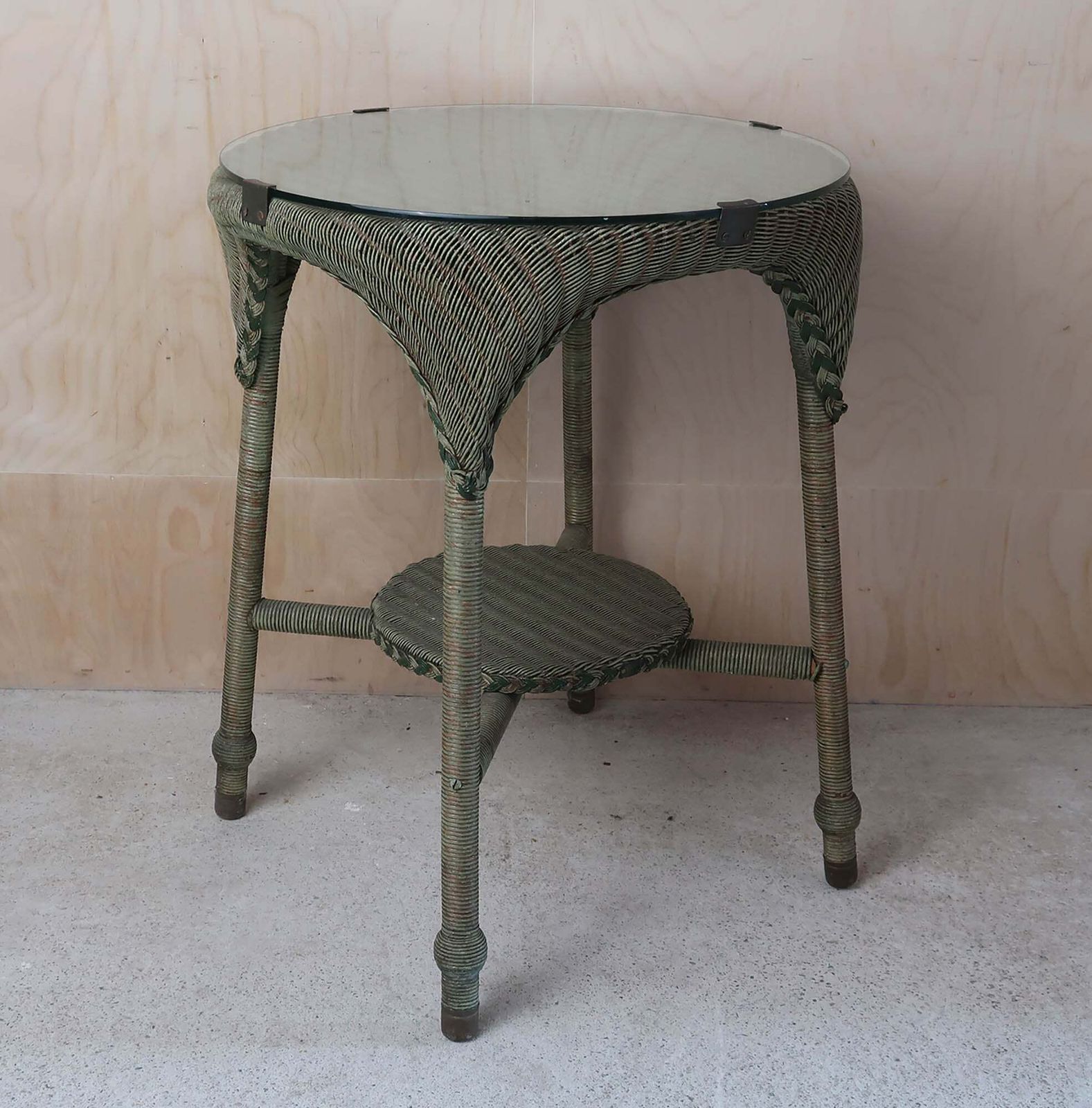 Vintage Rattan Lloyd Loom Round Side Table. English Dated 1931 photo furniture