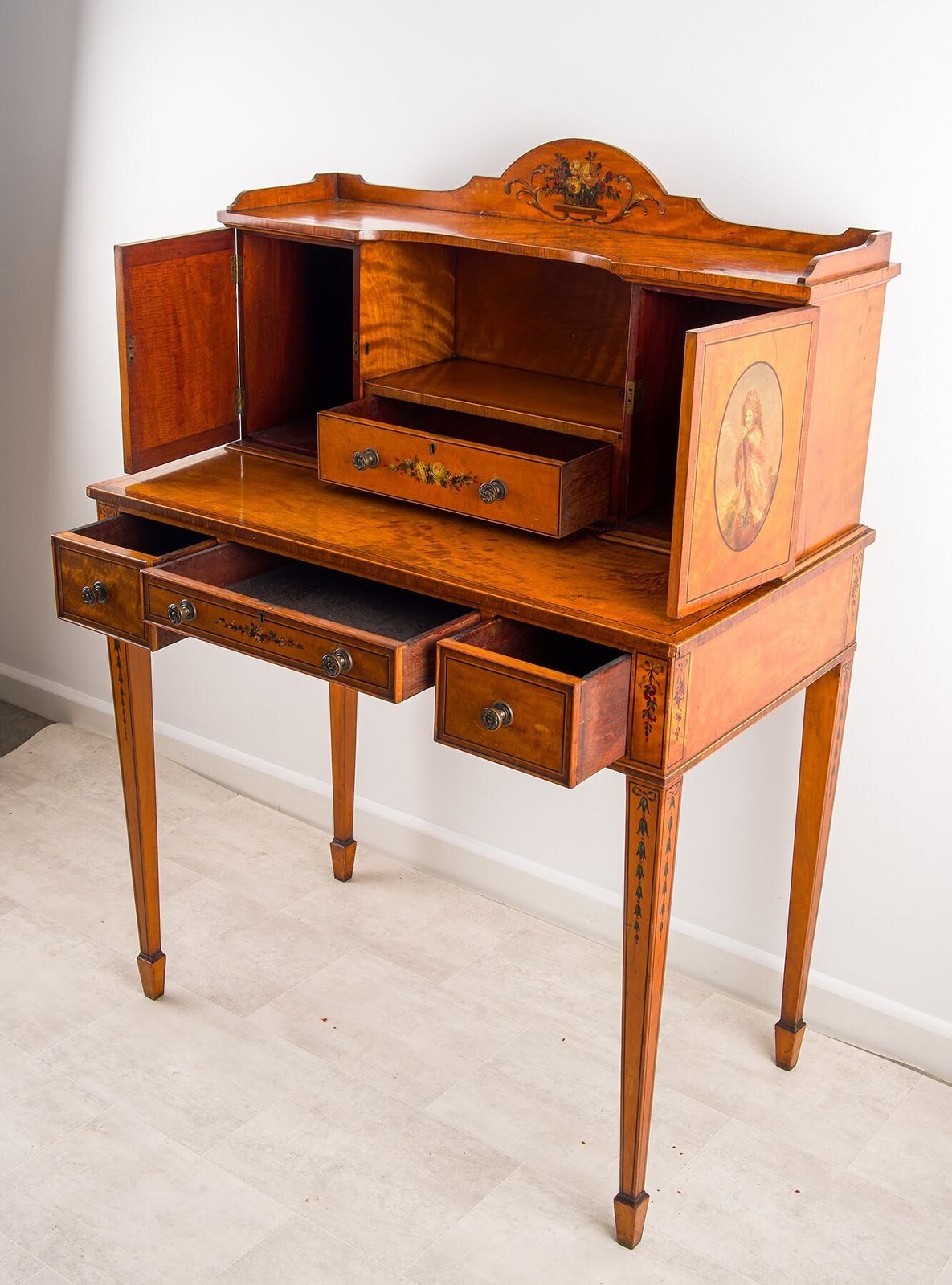 Edwardian Satinwood Bonheur Du Jour, Hand Painted Portrait Panels, Writing Desk C.1900 photo for sale