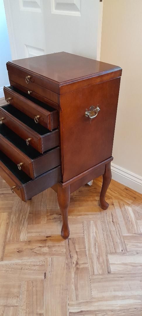 Campaign Travelling Queen Anne Style Mahogany Jewellery Chest Cabinet Drawers On Stand photo for sale